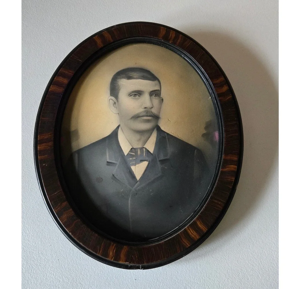 Antique Victorian Oval Crayon Portrait Man Tiger Wood Frame 1800s Folk Art
